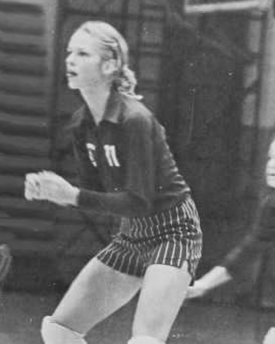 Archive photo from 1979 of Julie Reinke playing volleyball when she attended Augsburg University